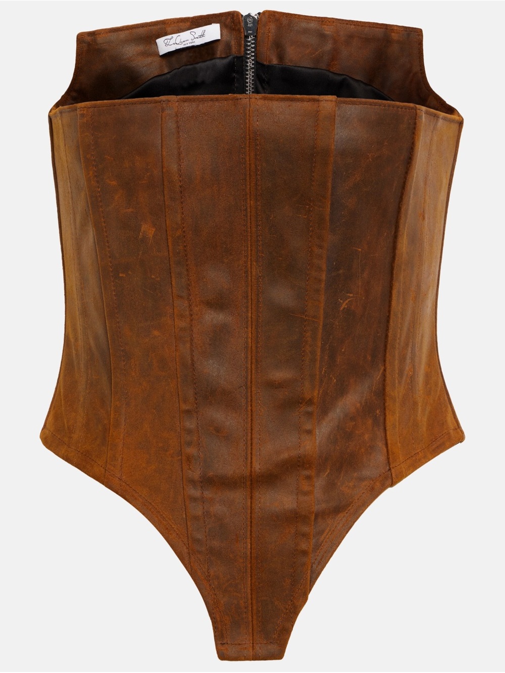 Leather Corset Bodysuit in Distressed Brown